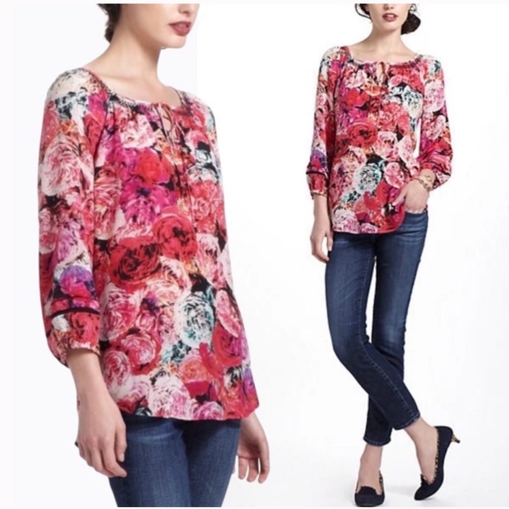 Anthropologie Silk Vanessa Virginia Spring Captured Rose Floral Top W1908 Sz S
